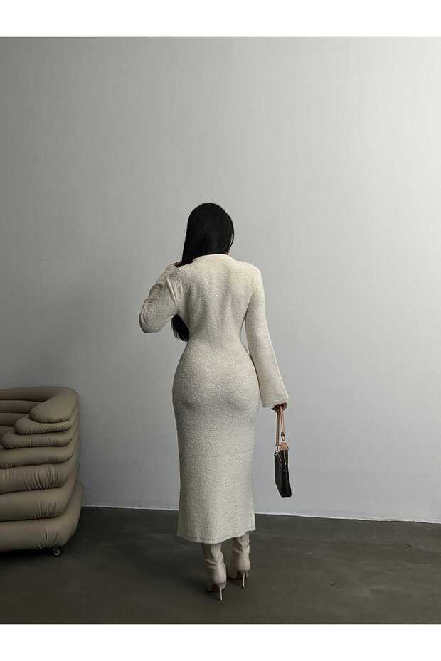 Kadın İspanyol Kol Desenli Triko Elbise - 5