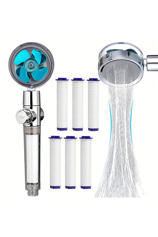 Blue 1pcs High Pressure Shower Head, Handheld Turbo Fan Shower With 6 Pcs Filter Cotton, Hydro Jet S - 1