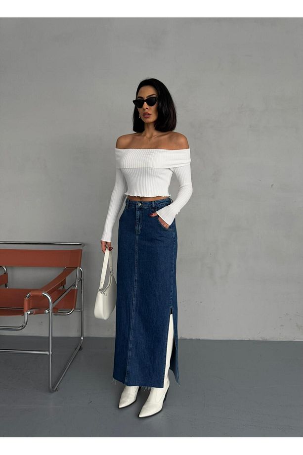 YANLARDAN YIRTMAÇLI JEAN MAXI ETEK - 6