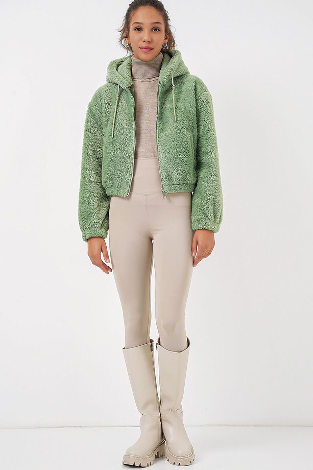 5193 Kapüşonlu Peluş Crop Ceket - E.Yeşil - 3