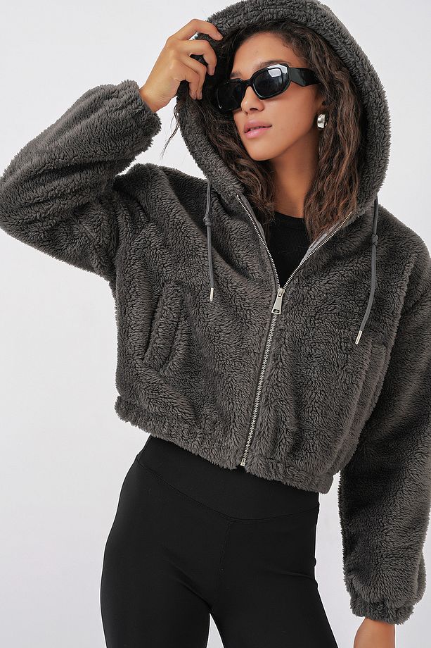 5193 Kapüşonlu Peluş Crop Ceket - Antrasit - 5