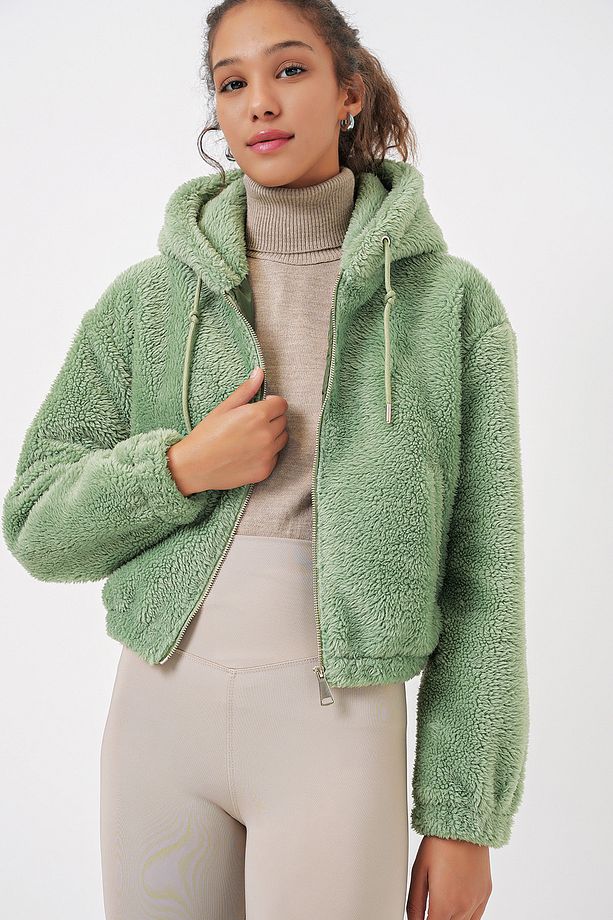 5193 Kapüşonlu Peluş Crop Ceket - E.Yeşil - 2