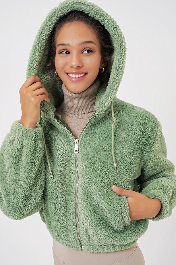 5193 Kapüşonlu Peluş Crop Ceket - E.Yeşil - 5