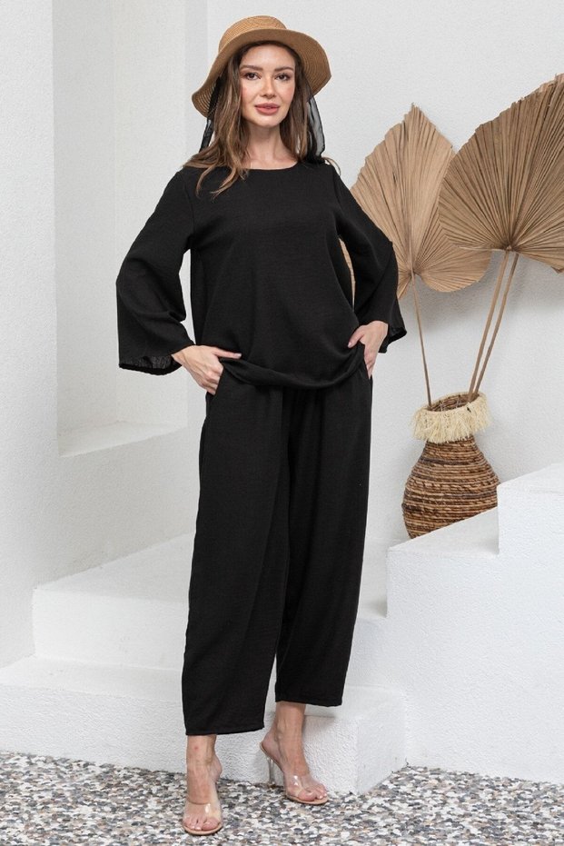 Black Cotton Muslin Long Sleeve Blouse and Loose Pants Set (Bluz-Pants)