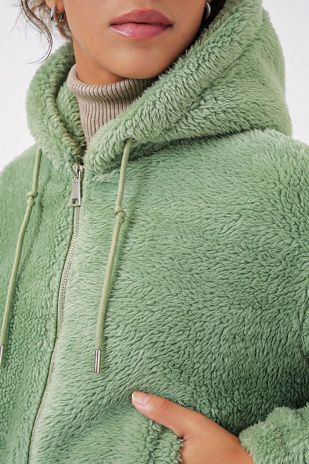 5193 Kapüşonlu Peluş Crop Ceket - E.Yeşil - 6