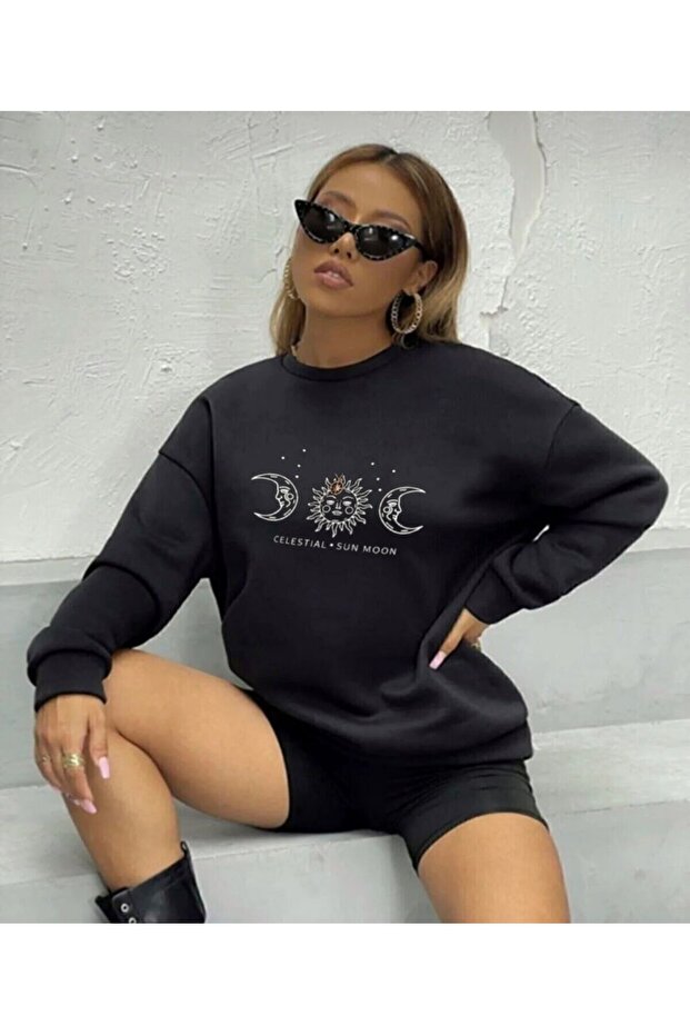 Zero Collar Sun Moon Printed Sweatshirt Unisex Hoodie Trend