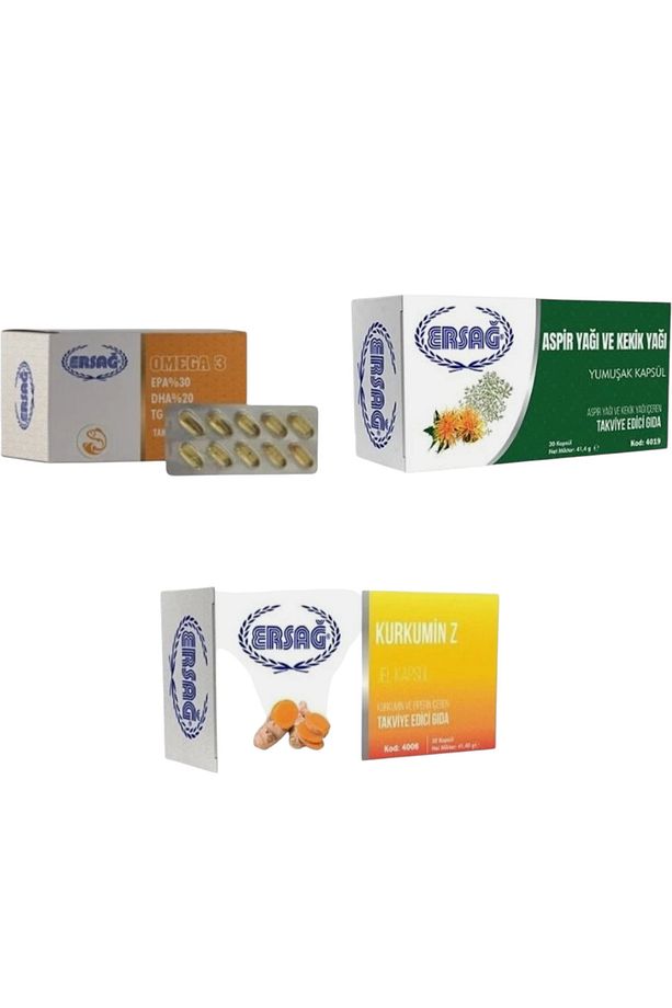 ERSAĞ OMEGA 3 + ASPİR YAĞI VE KEKİK YAĞI KAPSÜL +KURKUMİN Z JEL KAPSÜL (3 LÜ SET) - 1