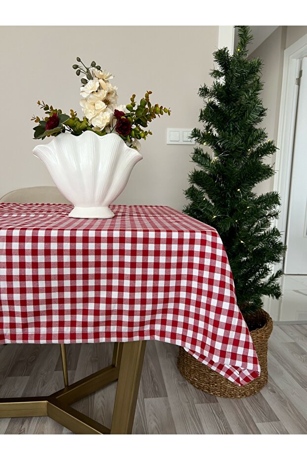 مفرش طاولة من الكتان باللون الأحمر - 5