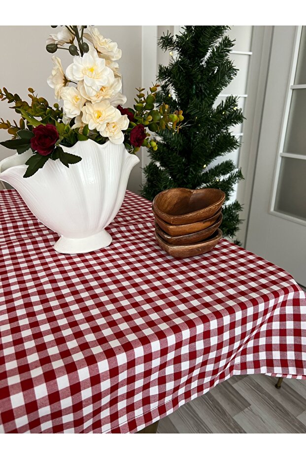 مفرش طاولة من الكتان باللون الأحمر - 7