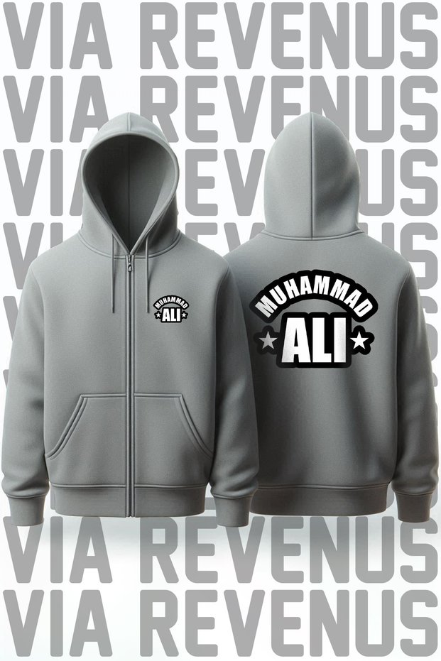 Muhammad Ali Front and Back Printed Unisex Zippered Hooded Gray Sweatshirt Cardigan