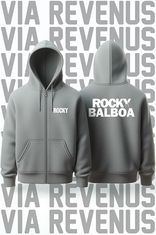 Rocky Balboa Biker Front and Back Printed Unisex Zippered Hooded Gray Sweatshirt Cardigan