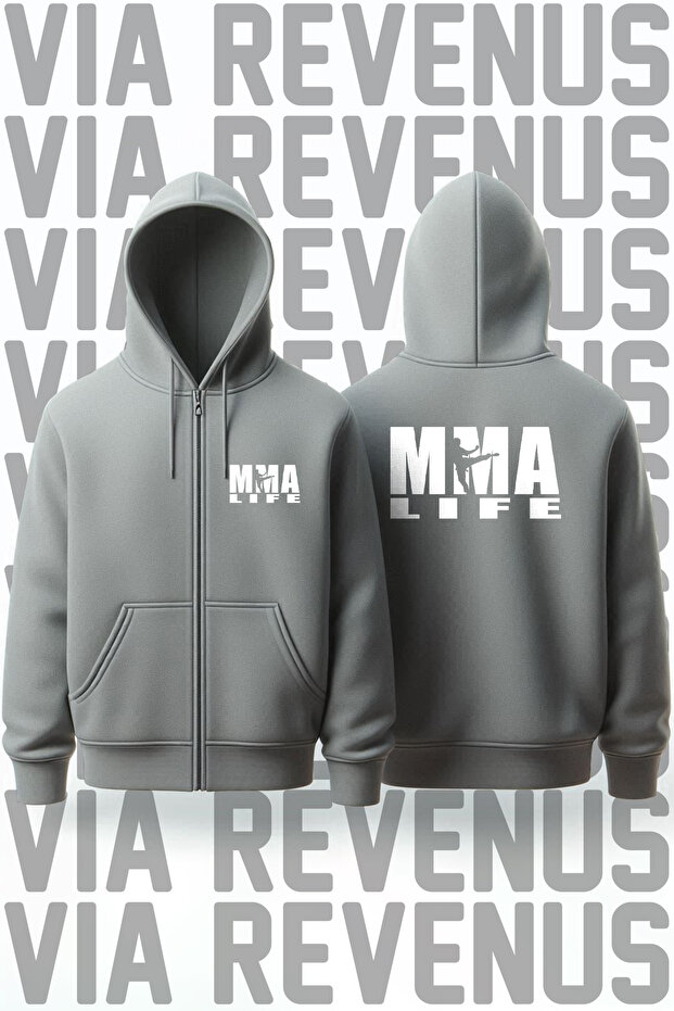 Mma Life Front and Back Printed Unisex Zippered Hooded Gray Sweatshirt Cardigan