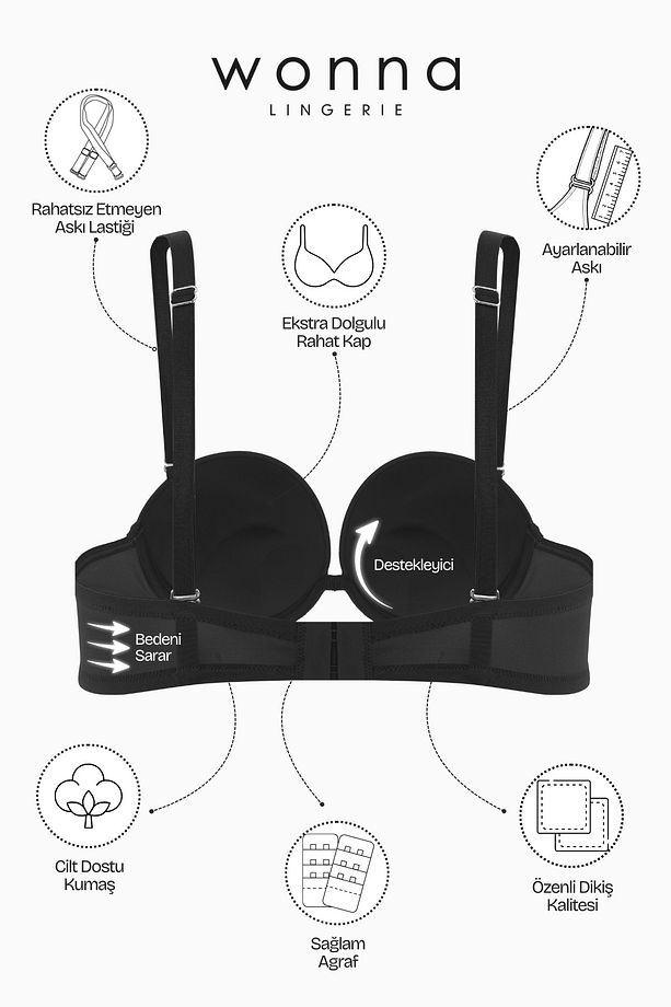 Olympos Ekstra Dolgulu Sütyen Double Push Up Straplez - Siyah - Mikro - 2537 - 6