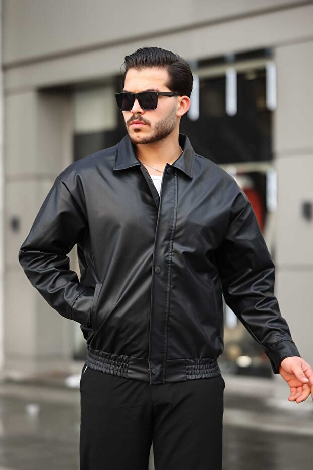 Deri Oversize Bomber Ceket - 4
