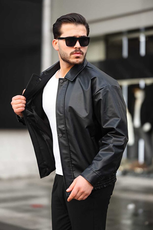 Deri Oversize Bomber Ceket - 3