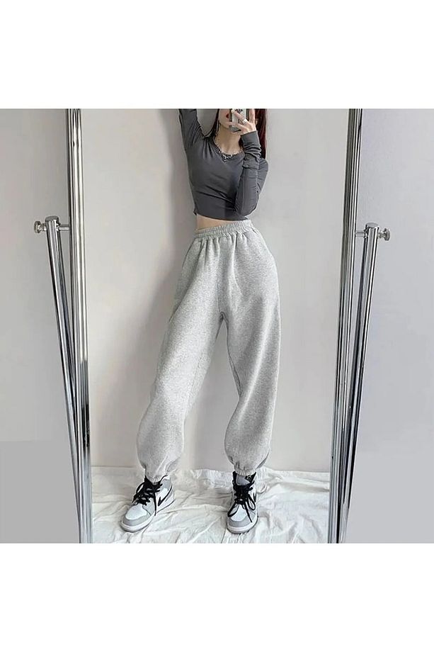 Unisex 2ip Şardonlu Paça Lastikli Kışlık Eşofman Altı - 1