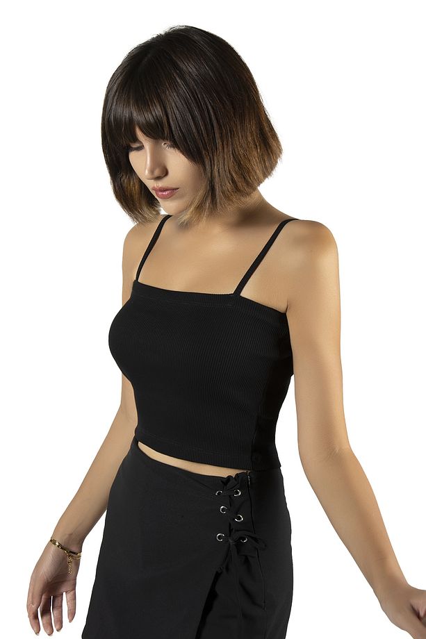 Siyah İp Askılı Fitted/Vücuda Oturan Fitilli Crop Top Atlet - 2