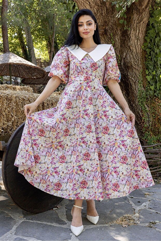 Orange Pastel Floral Balloon Sleeve Flared Dress with Collar