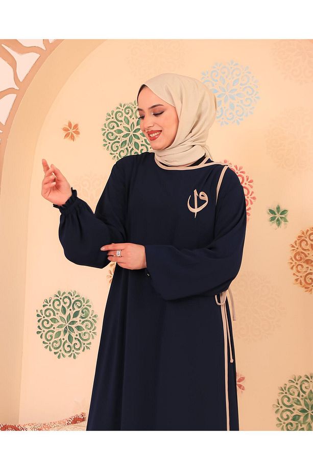 Elif Vav Nakışlı Çıtçıtlı Ferace Lacivert - 7