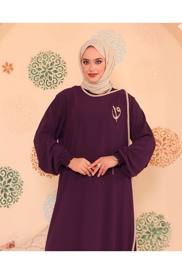 Elif Vav Nakışlı Çıtçıtlı Ferace Mor - 1