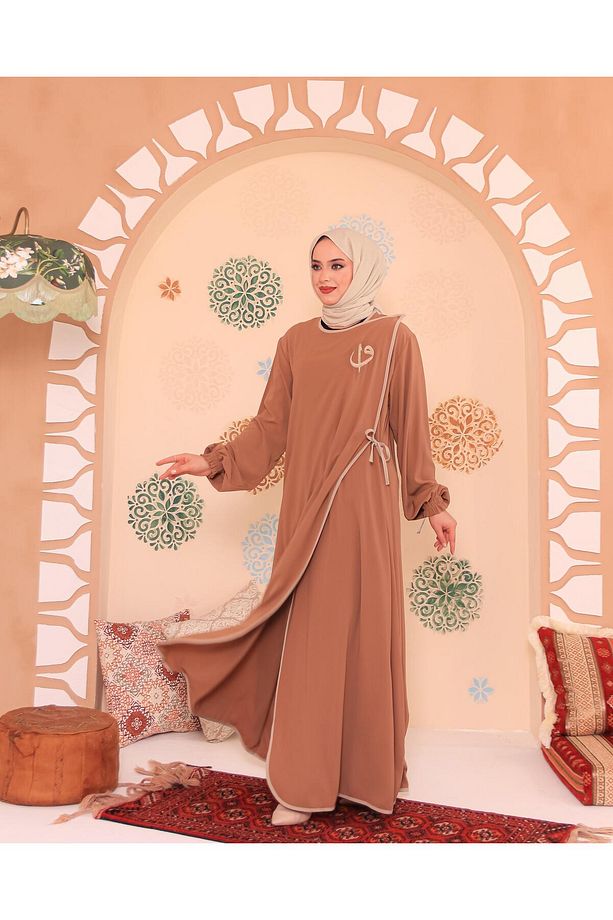Elif Vav Nakışlı Çıtçıtlı Ferace Camel - 5