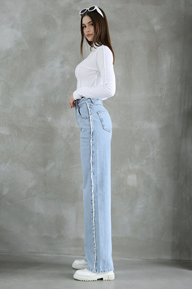 Mavi Püsküllü Yüksek Bel Düz Kesim Straight %100 Pamuk Non-Stretch Jeans TWOSS25JE00139 - 1