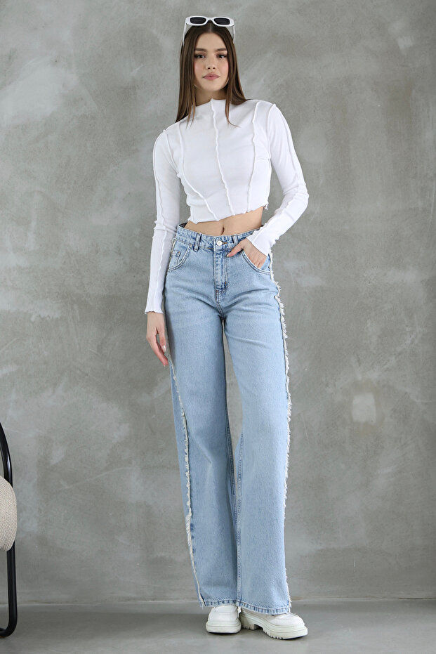 Mavi Püsküllü Yüksek Bel Düz Kesim Straight %100 Pamuk Non-Stretch Jeans TWOSS25JE00139 - 2