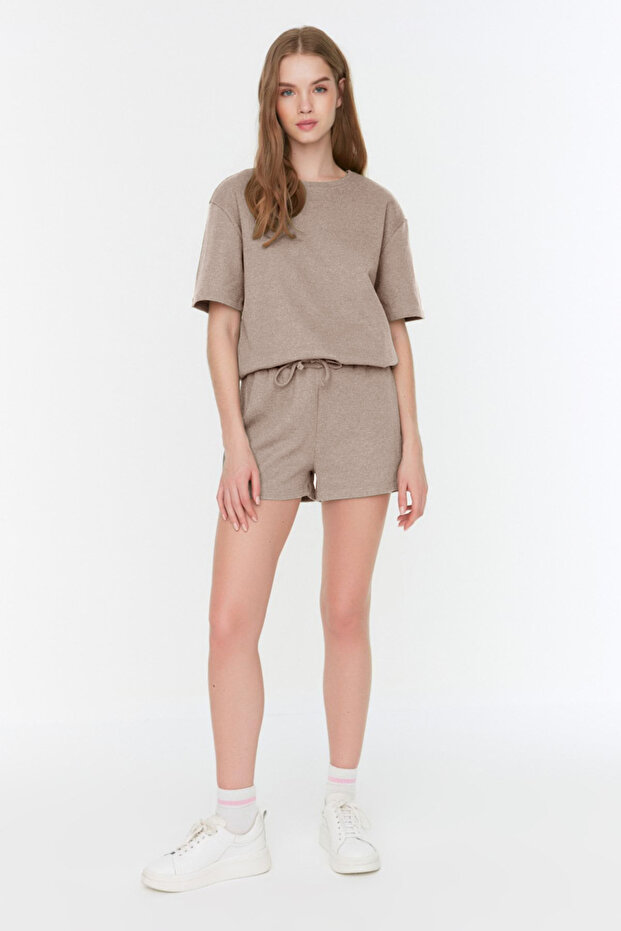 Bej Waffle Kumaş Şortlu Örme Pijama Takımı THMSS22PT0524 - 6