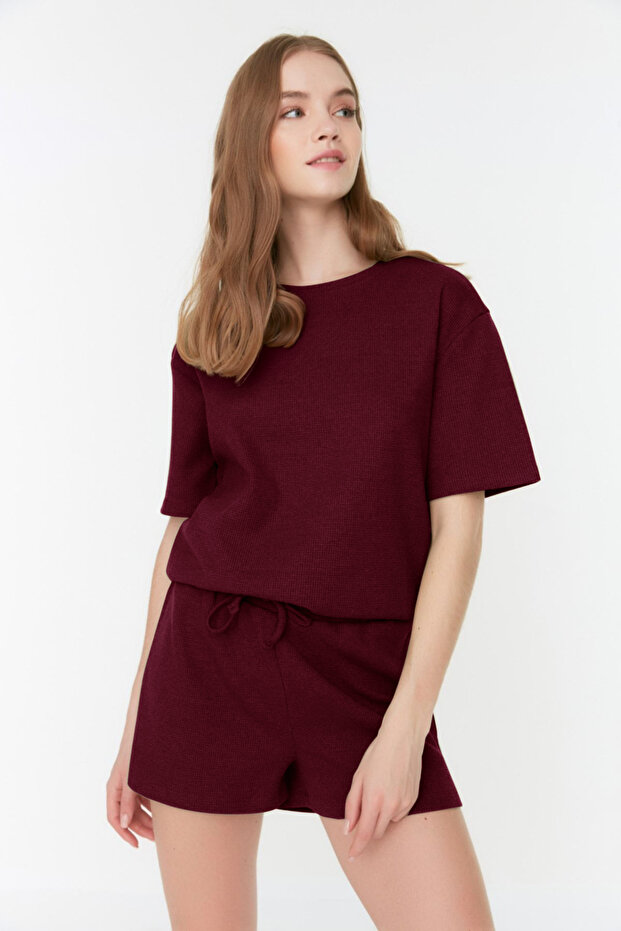 Bordo Waffle Kumaş Şortlu Örme Pijama Takımı THMSS22PT0524 - 3