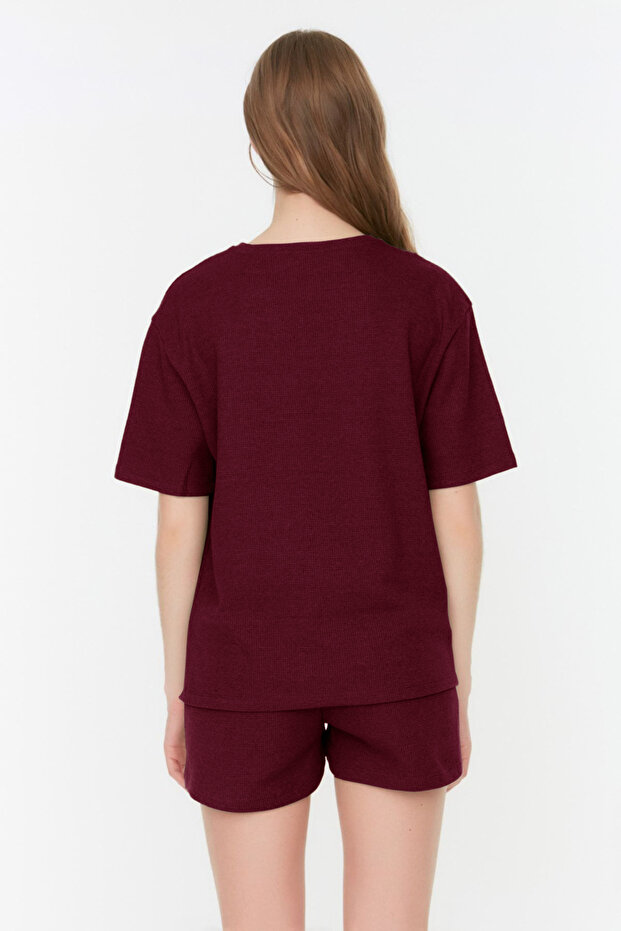 Bordo Waffle Kumaş Şortlu Örme Pijama Takımı THMSS22PT0524 - 7
