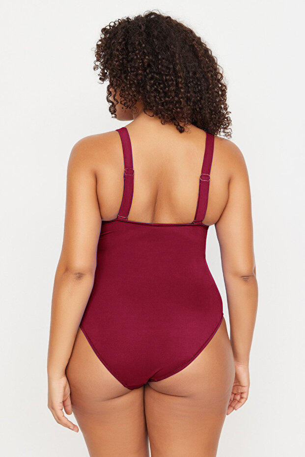 Bordo Derin V Yaka Cut-Out Bağlamalı Atma Kaplı Büyük Beden Mayo TBBSS22MA0302 - 5