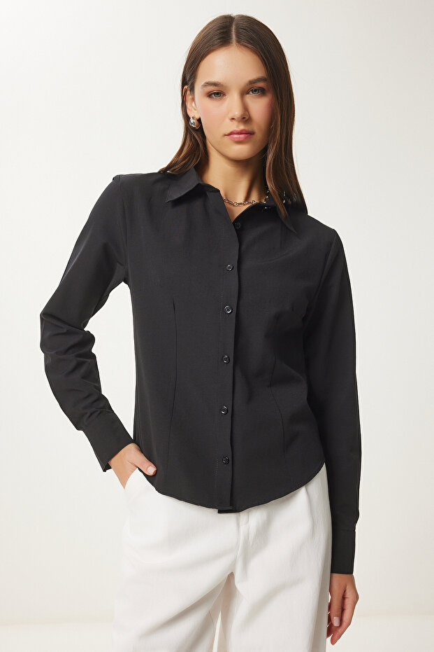 Women's Black Button Basic Shirt Rq00001