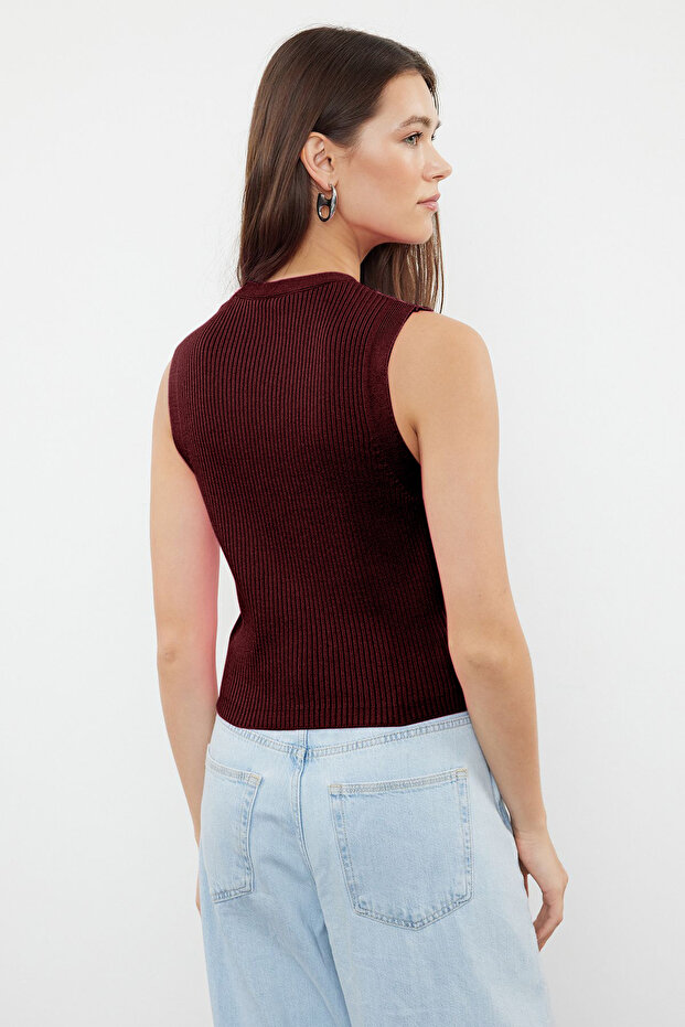 Bordo Crop Premium/ Özel İplik Triko Yelek TWOSS24BZ00258 - 5