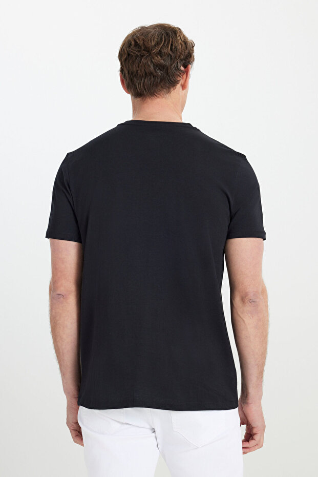 Erkek %100 Pamuk V Yaka Siyah Slim Fit Dar Kesim Tişört - 5