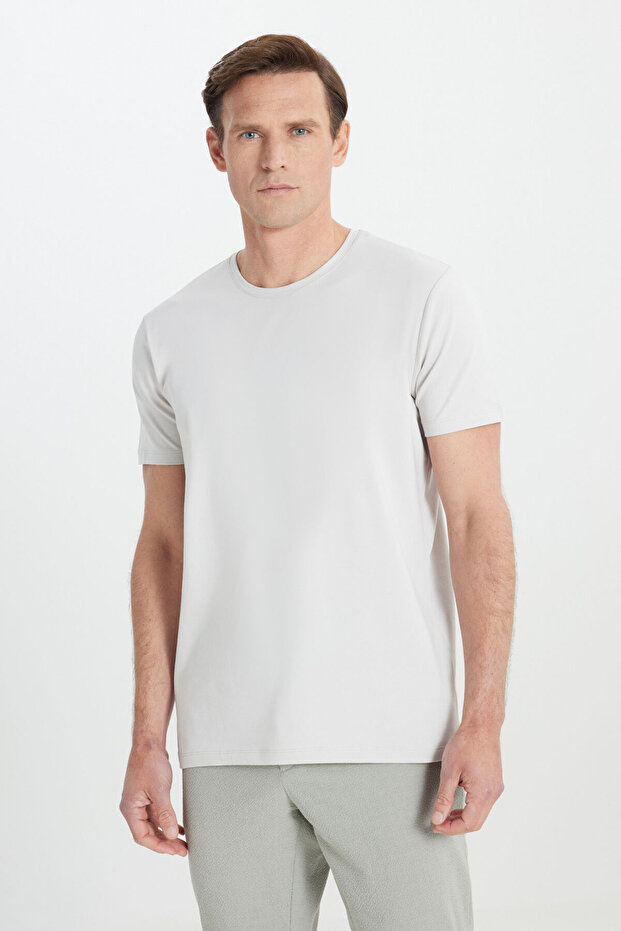 Erkek Açık Gri 360 Derece Her Yöne Esneyen Slim Fit Bisiklet Yaka Tişört - 1