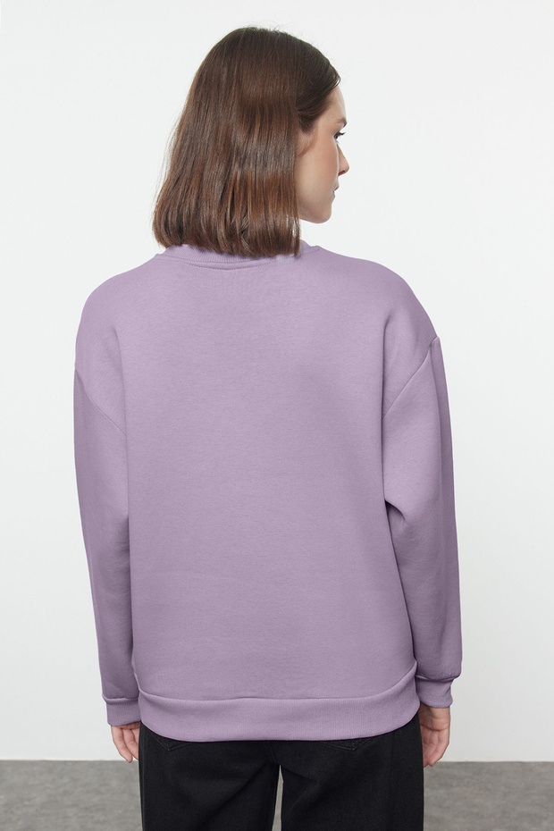 Lila Animal Nakışlı Regular/Normal Kalıp Kalın İçi Polarlı Örme Sweatshirt TWOAW24SW00196 - 6