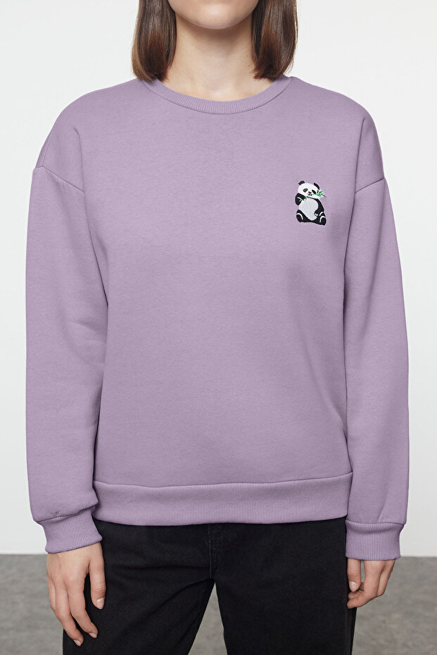 Lila Animal Nakışlı Regular/Normal Kalıp Kalın İçi Polarlı Örme Sweatshirt TWOAW24SW00196 - 4
