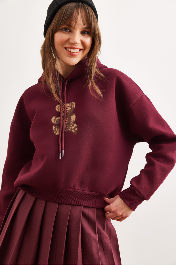 Women's Burgundy Bear Appliqued Raised Hooded Sweatshirt Swt- 19000712