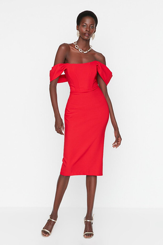 Piros testhezálló fűző részletes szőtt stílusos estélyi ruha éjszakai ballagási ruha TPRSS22EL00097 - 3