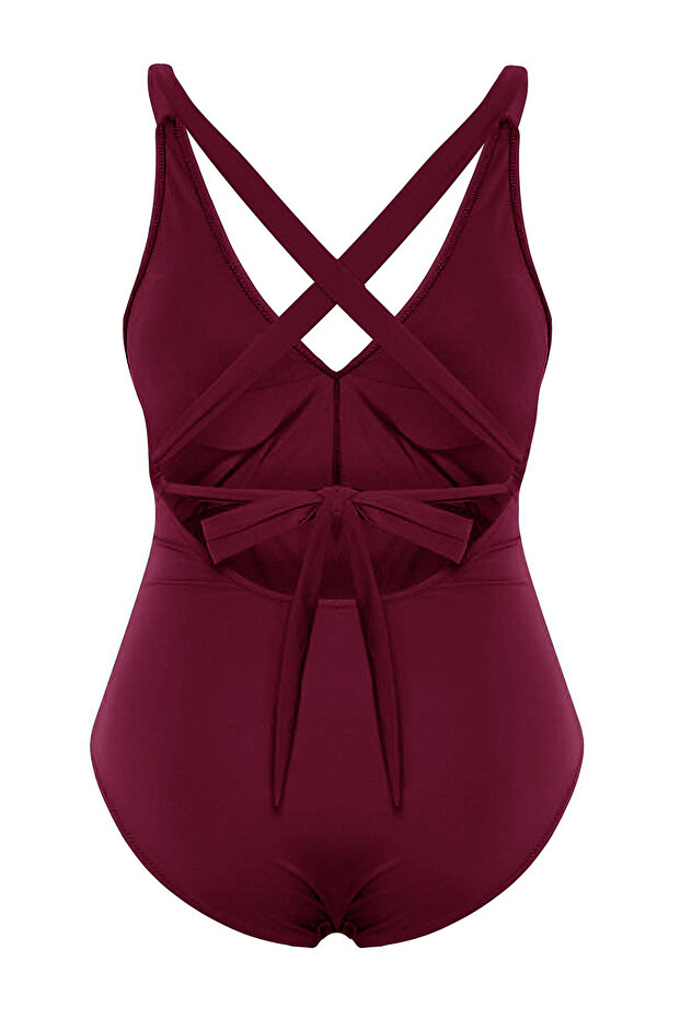 Bordo Belde Cut Out Mesh/Tül Detaylı Büyük Beden Mayo TBBSS23AM00037 - 5