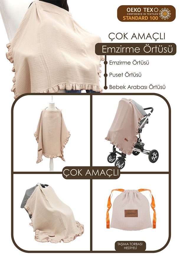 Müslin Bebek Emzirme Örtüsü/Önlüğü; Puset, Bebek arabası örtüsü, Extra Büyük, Ruffle Seri, Kapiçino - 1