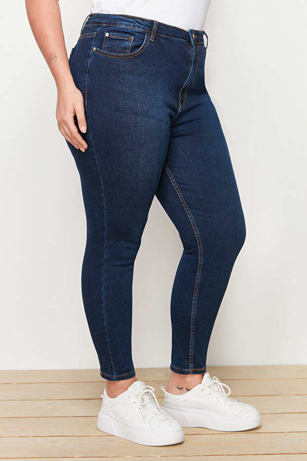 Koyu Mavi Yüksek Bel Esnek/Stretch Büyük Beden Skinny Jeans TBBAW23JE00000 - 8
