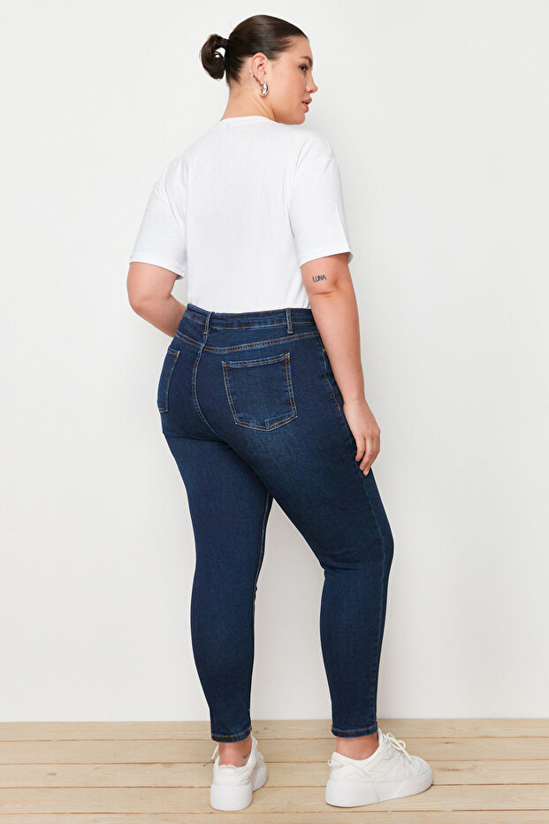 Koyu Mavi Yüksek Bel Esnek/Stretch Büyük Beden Skinny Jeans TBBAW23JE00000 - 9