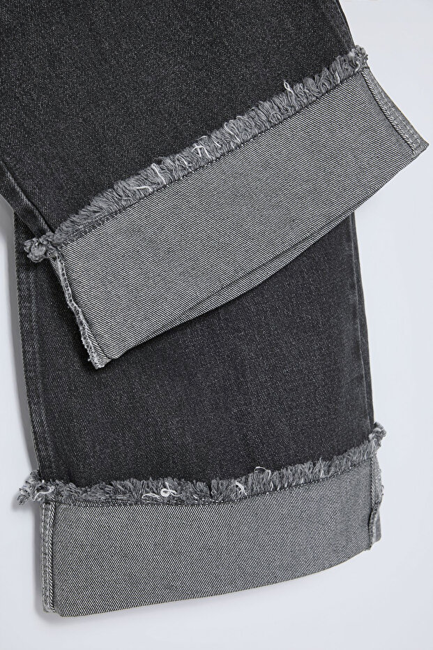 Gri Yüksek Bel Paçası Kıvırma Detaylı Wideleg/Geniş Paça Orta Esnek Büyük Beden Jeans TBBSS23CJ00002 - 6