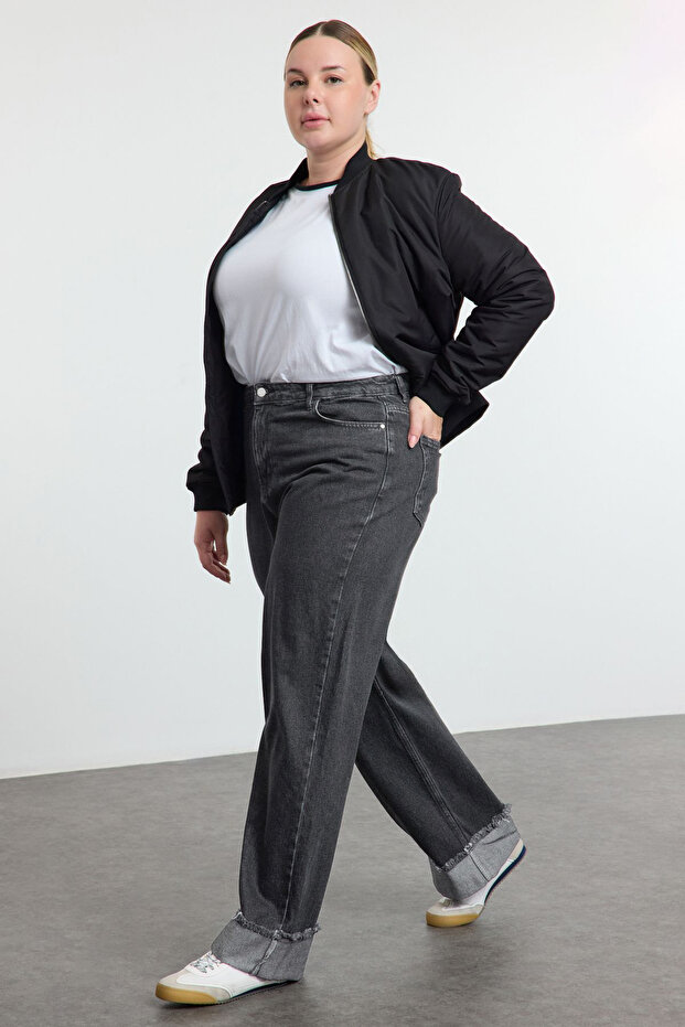 Gri Yüksek Bel Paçası Kıvırma Detaylı Wideleg/Geniş Paça Orta Esnek Büyük Beden Jeans TBBSS23CJ00002 - 2