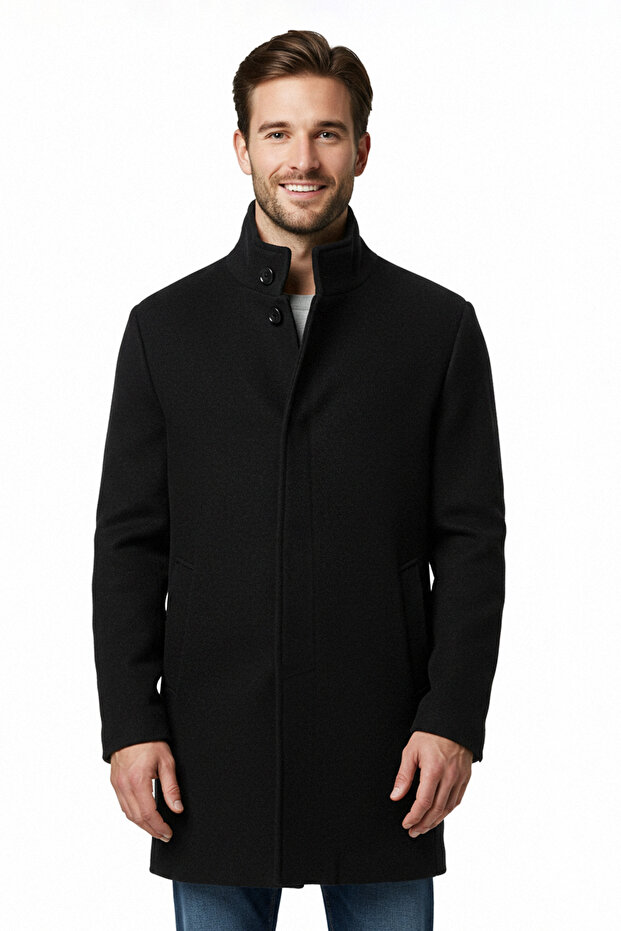 Black Regular Fit Hidden Button Stand Collar Cashmere Winter Coat Tmnaw25Kb00012