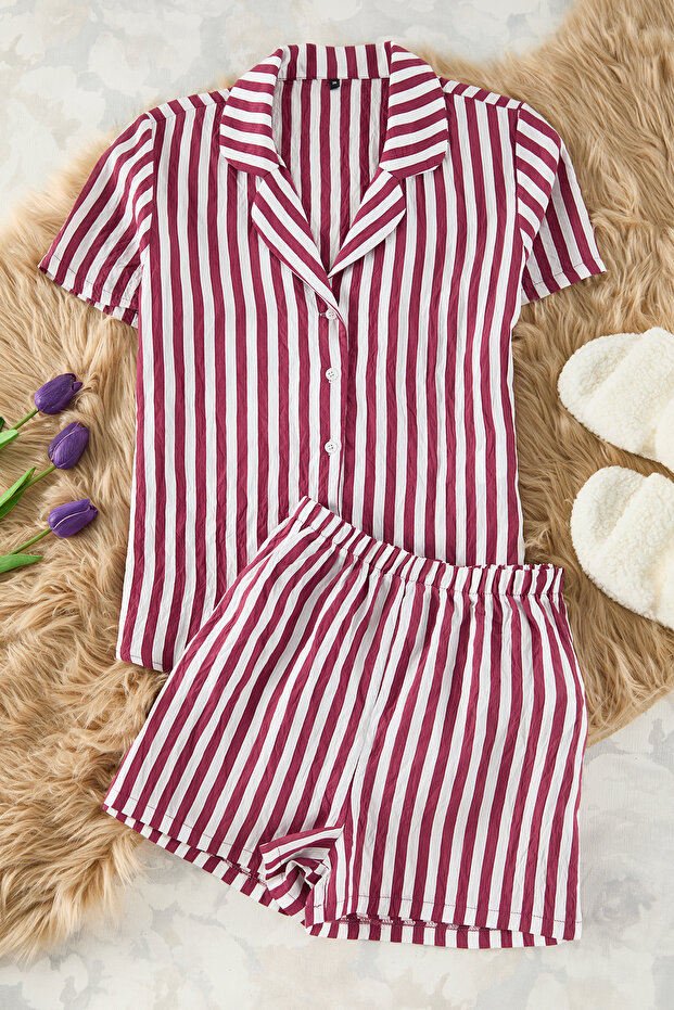 Bordo Çizgili Dokulu Kumaştan Şortlu Dokuma Pijama Takımı THMSS25PT00026 - 6