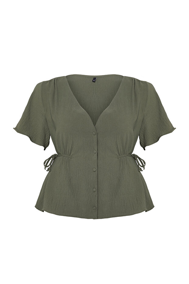 Khaki szőtt V-nyakú nyakkendős blúz TBBSS22BZ0753 - 6