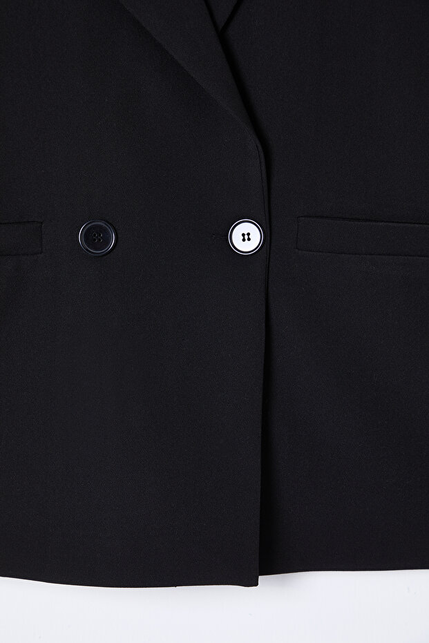 Siyah Oversize Leopar Astarlı Cep Detaylı Dokuma Kruvaze Yelek TWOSS25YE00014 - 8