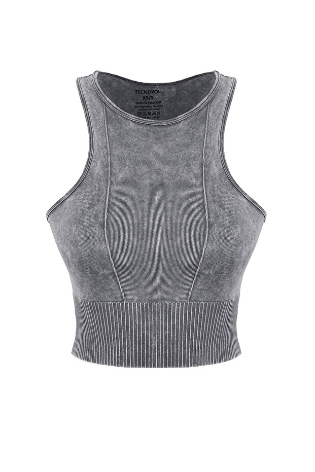 Antrasit Seamless/Dikişsiz Crop Yıkamalı Halter Yaka Örme Spor Üst/Bluz THMSS23SS00004 - 6